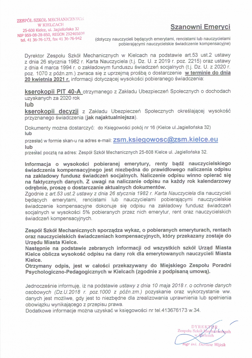 Ogłoszenie dla nauczycieli emerytów i rencistów