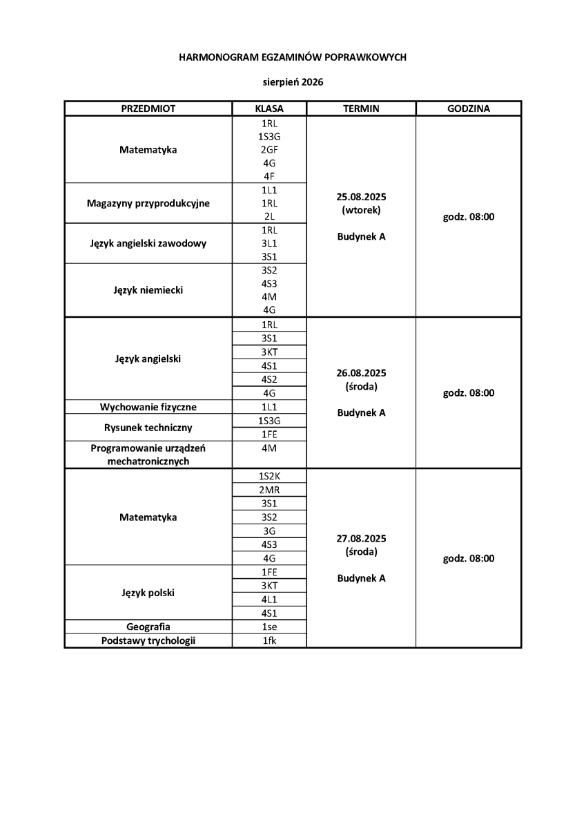 Harmonogram egzaminów poprawkowych - sierpień 2026