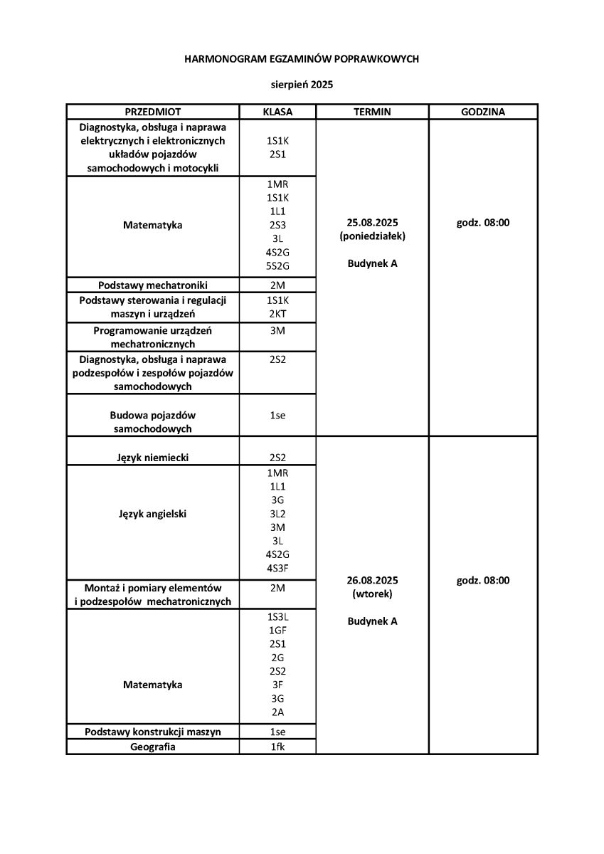 Harmonogram egzaminów poprawkowych